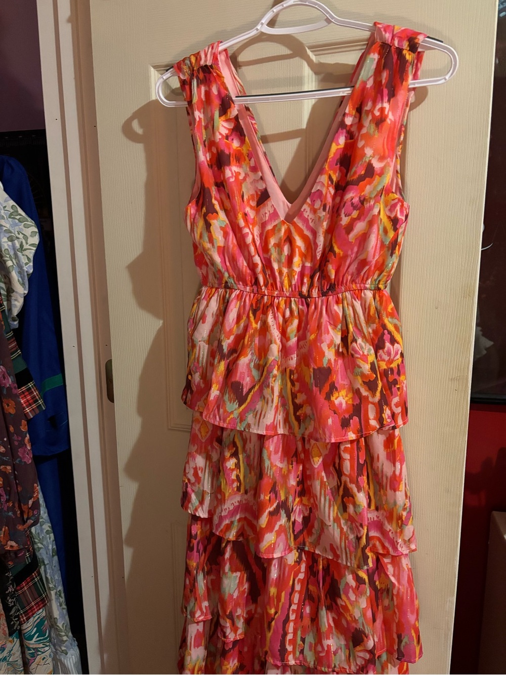 TCEC Coral Pink Orange Tiered V-Neck Summer Dress